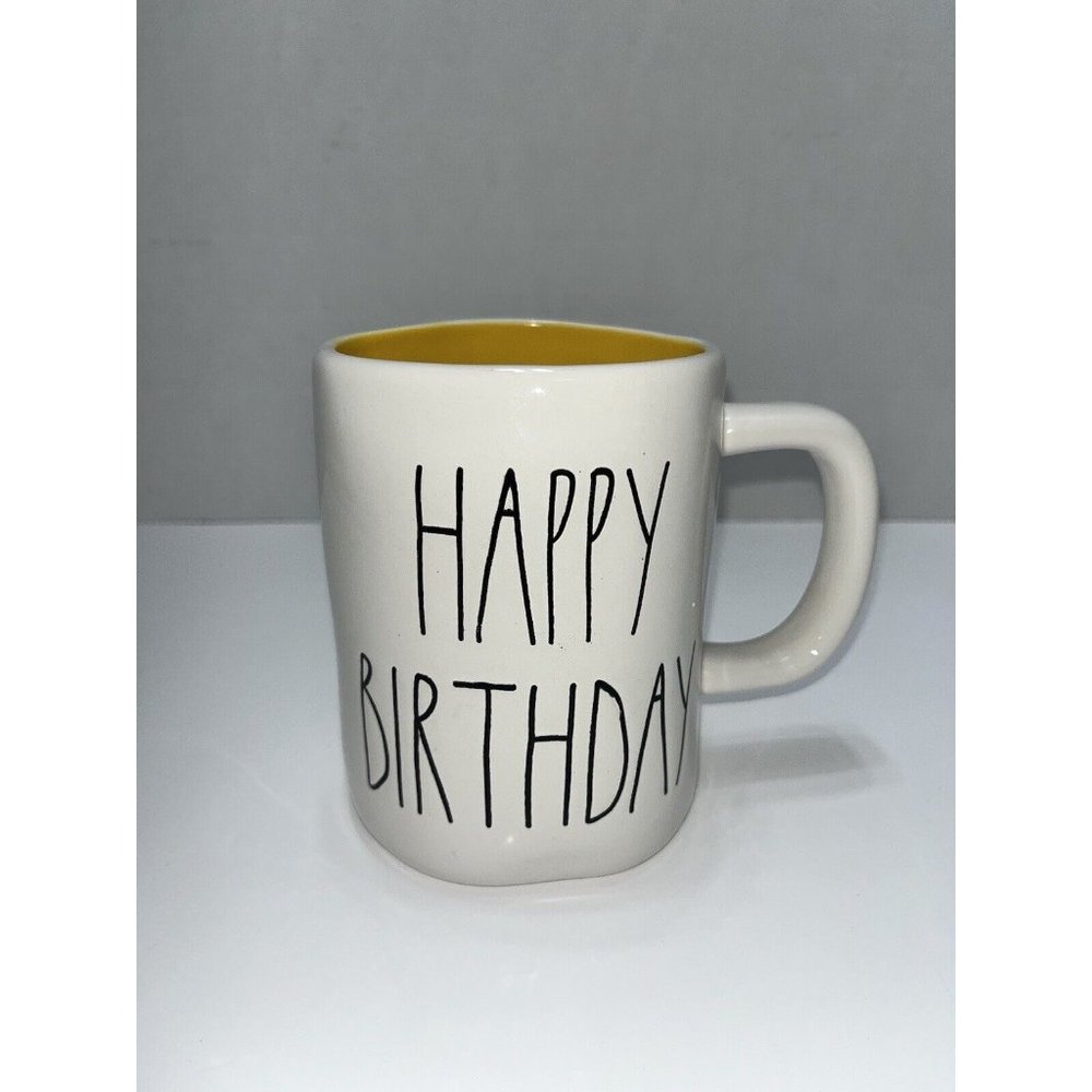 Rae Dunn Happy Birthday Large Ivory Ceramic Mug Coffee Cup Gift Pottery